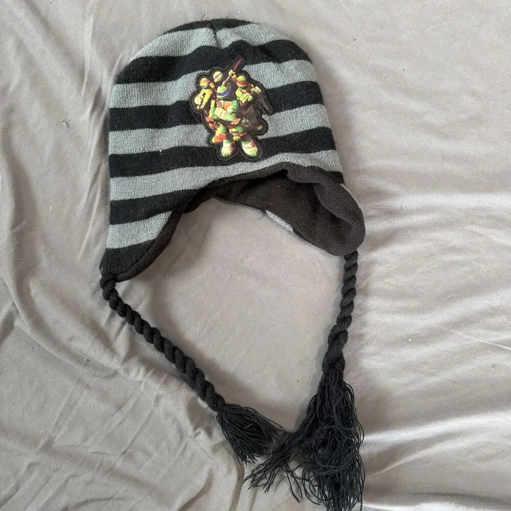 Teenage Mutant Ninja Turtles Ear Flap Knit Beanie‎ Hat Black Gray Stripes Kids